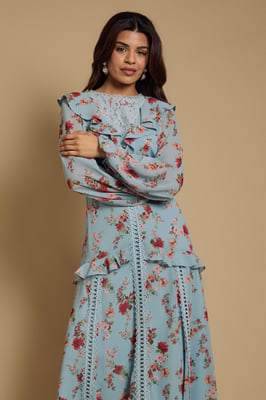 Petite Chiffon Printed Lace Trim Detail Ruffle Midi Dress