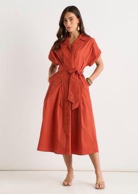 Rust Cotton Button Through Belted Shirt Dress