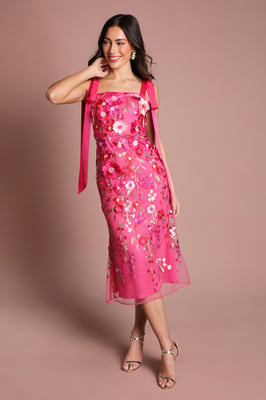 Coast Muse 3D Floral Mesh With Tie Shoulder Midi Dress