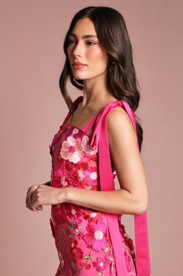 Coast Muse 3D Floral Mesh With Tie Shoulder Midi Dress