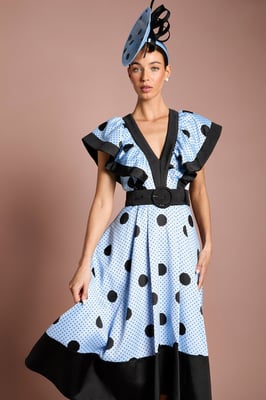 Lisa Tan Spot Print Contrast Detail High Low Hem Midi Dress