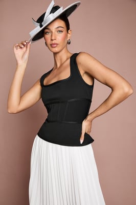Lisa Tan Mono Bandage Peplum Georgette Pleated Skirt Midi Dress