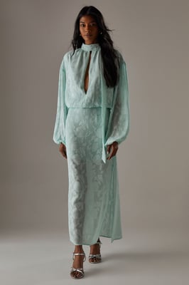Chiffon Jacquard High Neck Slash Front Blouse