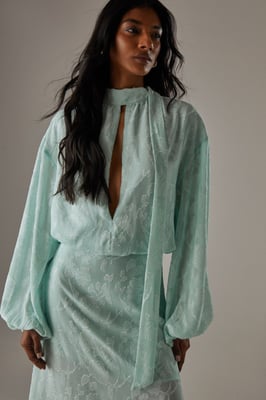 Chiffon Jacquard High Neck Slash Front Blouse