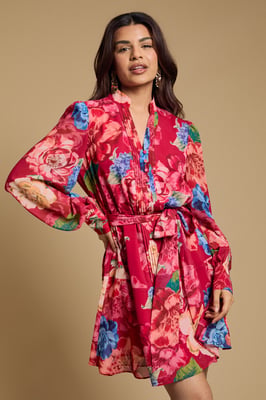 Petite Printed Chiffon Button Up Belted Waist Mini Dress