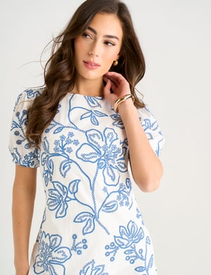 White & Blue Floral Print Mini Dress