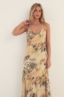 Chiffon Painted Floral Godet Cowl Maxi Dress