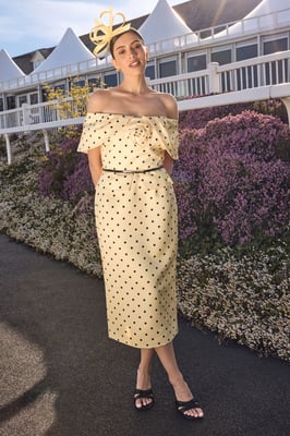 Lisa Tan Spot Print Corsage Off The Shoulder Pencil Dress