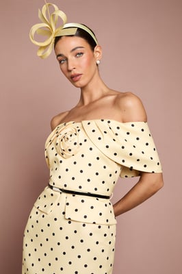 Lisa Tan Spot Print Corsage Off The Shoulder Pencil Dress