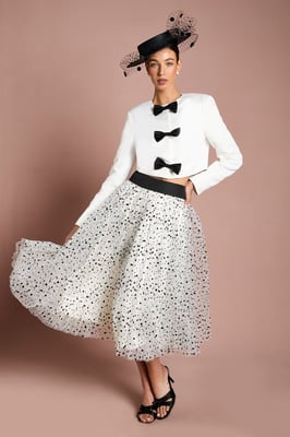 Lisa Tan Pleated Polka Dot Mesh Midi Skirt