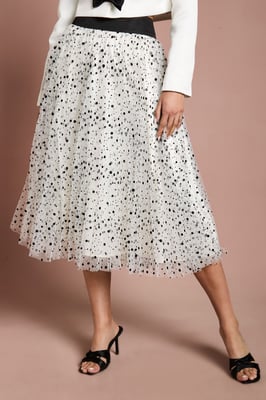 Lisa Tan Pleated Polka Dot Mesh Midi Skirt