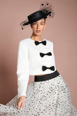 Lisa Tan Structured Satin Bow Front Jacket