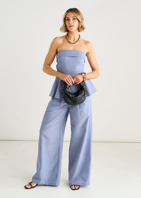 Blue Wide Leg Pleat Front Formal Trousers