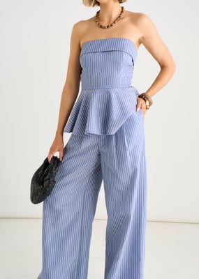 Blue Wide Leg Pleat Front Formal Trousers