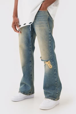 Relaxed Flare Rigid Knee Rip Tinted Denim Jeans