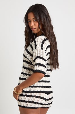 Crochet Stripe Collared Shirt and Short Co-Ord