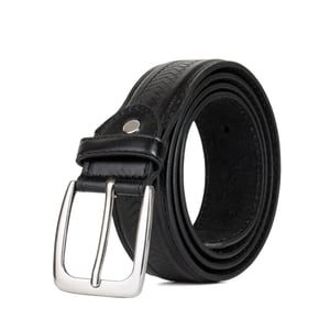 Black Herringbone Leather Lined Belt with Polished Buckle - 1.25”