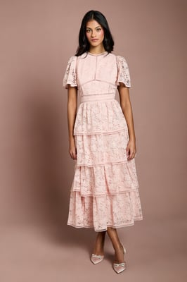 Petite Tiered Lace Dress With Flutter Sleeve & Trims