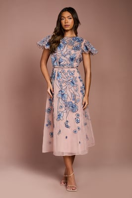 Floral Embroidered Cutwork Sleeve Midi Dress