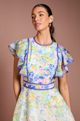 Placement Print Frill Sleeve Midi Dress
