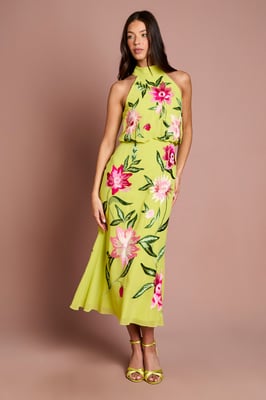 High Neck Midi Dress With Floral Embroidery