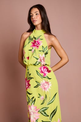 High Neck Midi Dress With Floral Embroidery