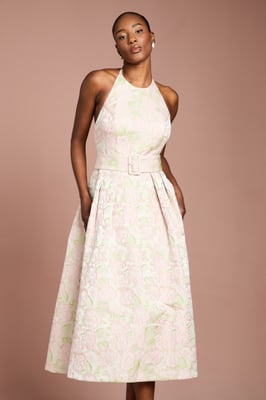 Halter Neck Jacquard Belted Midi Dress
