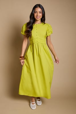 Petite Button Front Puff Sleeve Broderie Midi Dress