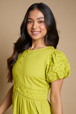 Petite Button Front Puff Sleeve Broderie Midi Dress