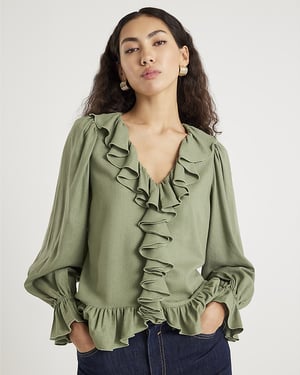 River Island Womens Blouse Khaki Long Sleeve Ruffle