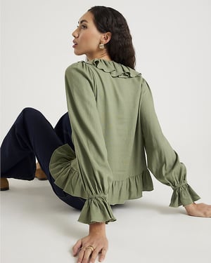 River Island Womens Blouse Khaki Long Sleeve Ruffle