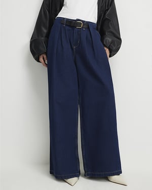 River Island Womens Wide Leg Jeans Petite Blue Belted Pleated