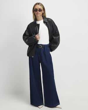 River Island Womens Wide Leg Jeans Petite Blue Belted Pleated
