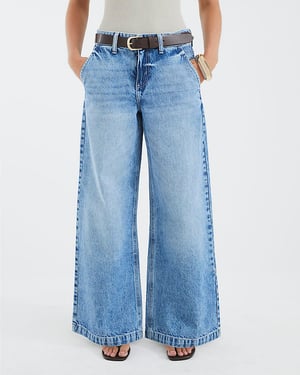 River Island Womens Wide Leg Jeans Petite Blue Belted Baggy