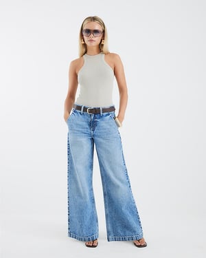 River Island Womens Wide Leg Jeans Petite Blue Belted Baggy