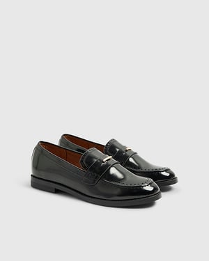 River Island Womens Loafers Black Patent Gold Trim