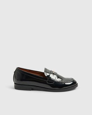 River Island Womens Loafers Black Patent Gold Trim