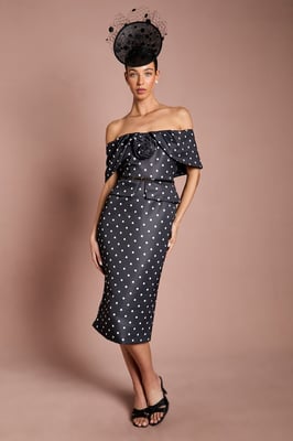 Petite Lisa Tan Spot Print Corsage Off The Shoulder Pencil Dress