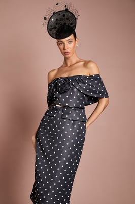 Petite Lisa Tan Spot Print Corsage Off The Shoulder Pencil Dress