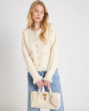 River Island Womens Cardigan Cream Boucle Long Sleeve Fringed