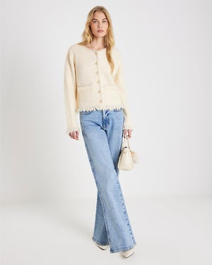River Island Womens Cardigan Cream Boucle Long Sleeve Fringed