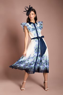 Placement Print Frill Sleeve Belted Midi Dress