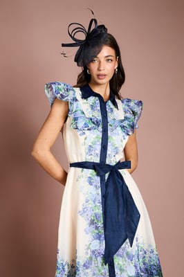 Placement Print Frill Sleeve Belted Midi Dress