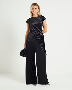 River Island Womens Joggers Petite Black Velvet Wide Leg