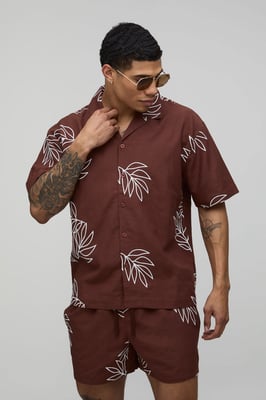 Palm Embroidered Oversized Linen Shirt & Relaxed Short Set
