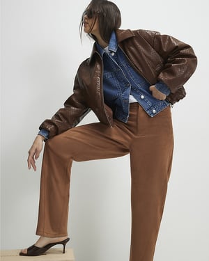 River Island Womens Trousers Brown Faux Suede Barrel Leg