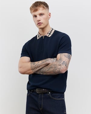 River Island Mens Polo Shirt Navy Slim Fit Check Collar