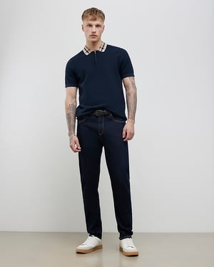 River Island Mens Polo Shirt Navy Slim Fit Check Collar