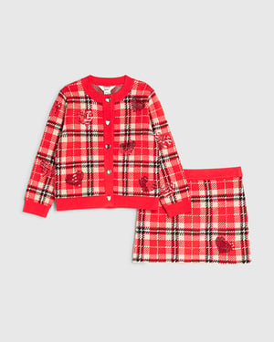 River Island Mini Girls Cardigan & Skirt Set Red Tartan 2 Piece
