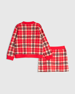 River Island Mini Girls Cardigan & Skirt Set Red Tartan 2 Piece